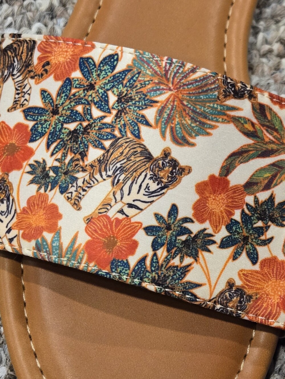 Jessica Simpson Tan Slide Sandals with Orange Floral & Green Leaf Print - Picture 2 of 4